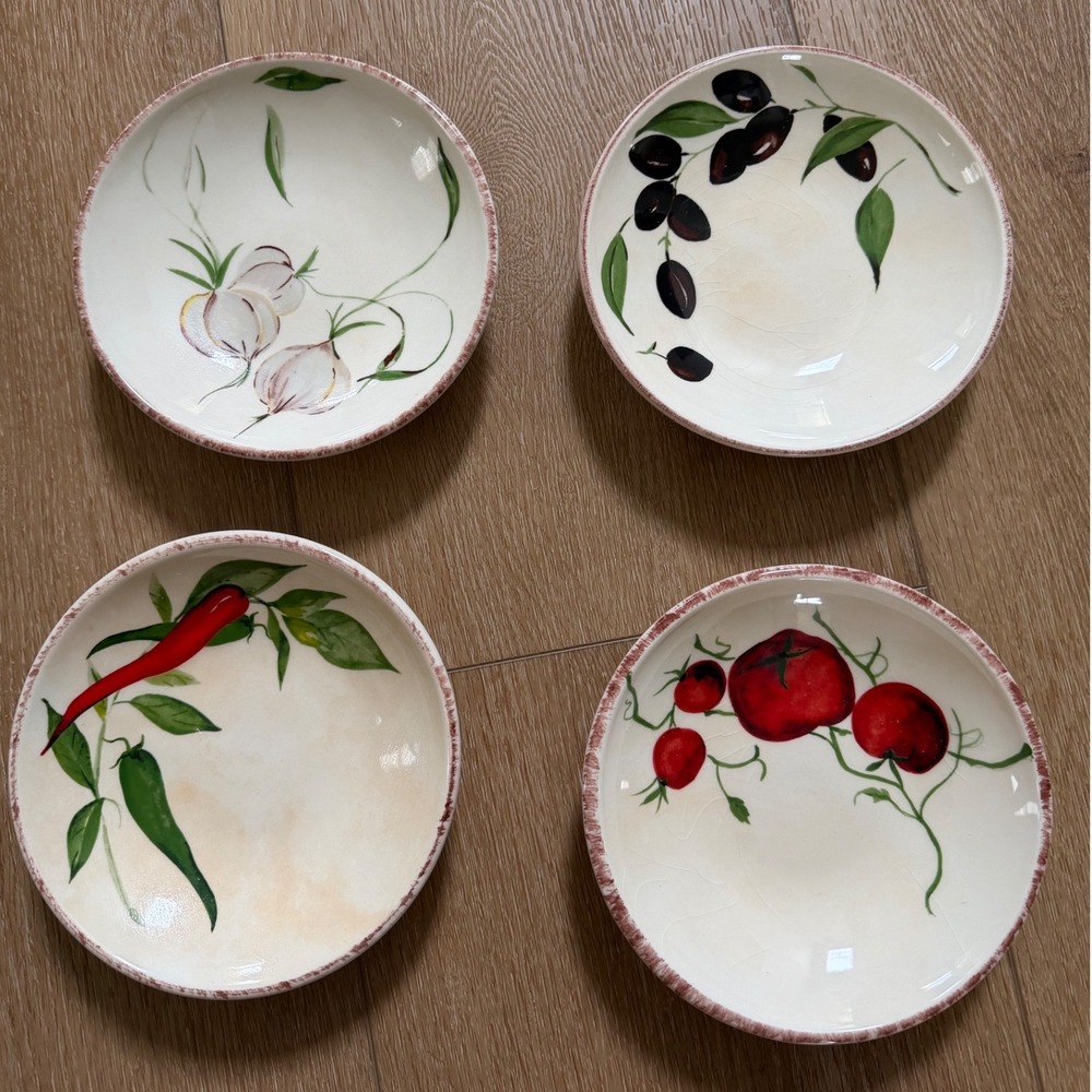 Crate & Barrel Appetizer Plates Set of 4 Hand Painted Portugal Vegetable Motif
